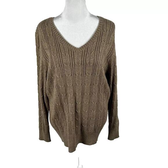 NEW St Johns Bay Tan Metallic Shimmer Sweater Top V Neck Cable Knit 1X Casual - Picture 1 of 5
